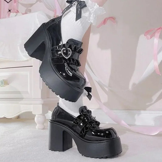 Sweet Heart-Shaped Buckle Lolita High Heels Pump Shoes