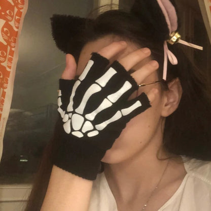 Skeleton Punk Fingerless Gloves Unisex
