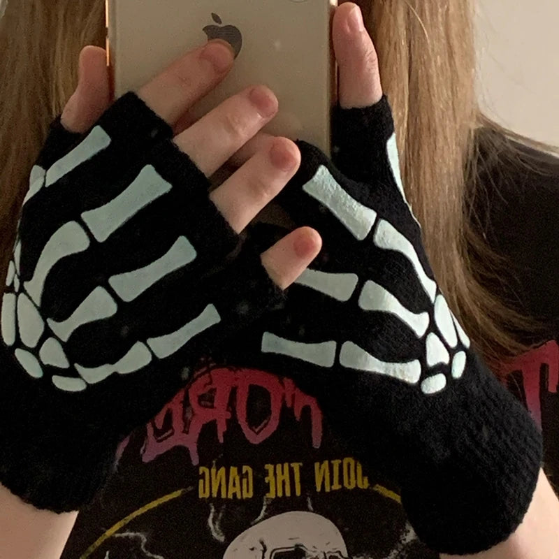 Skeleton Punk Fingerless Gloves Unisex