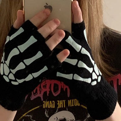 Skeleton Punk Fingerless Gloves Unisex