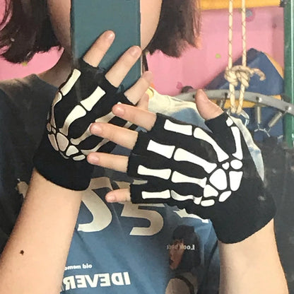 Skeleton Punk Fingerless Gloves Unisex