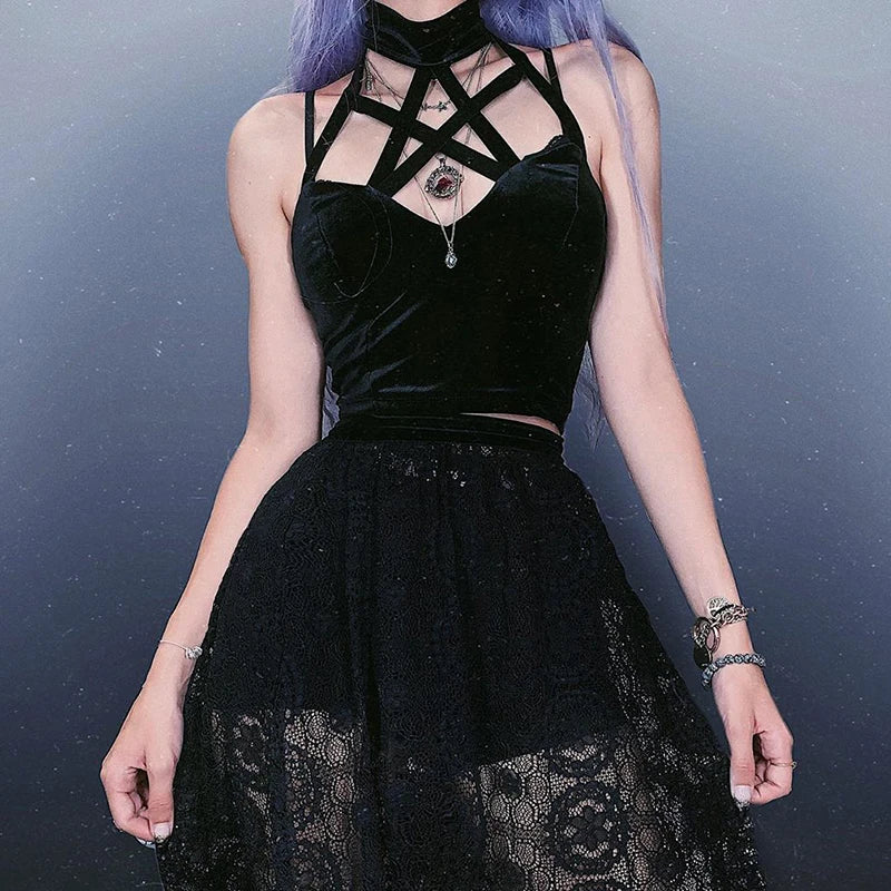 Goth Cross Print Lace Bodycon Crop Tops Y2K