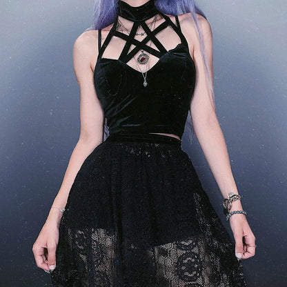 Goth Cross Print Lace Bodycon Crop Tops Y2K