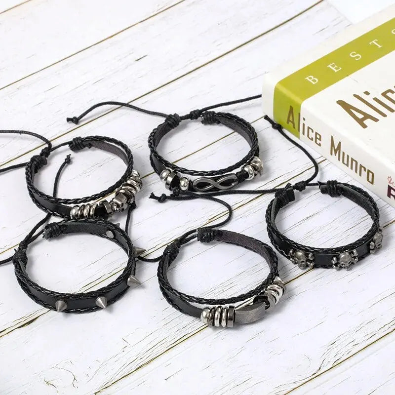 5pcs Metal Braided Punk Bracelet Set