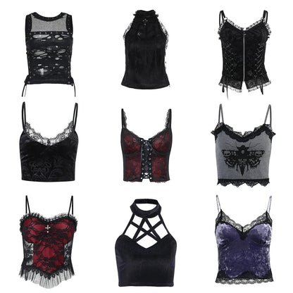 Goth Cross Print Lace Bodycon Crop Tops Y2K
