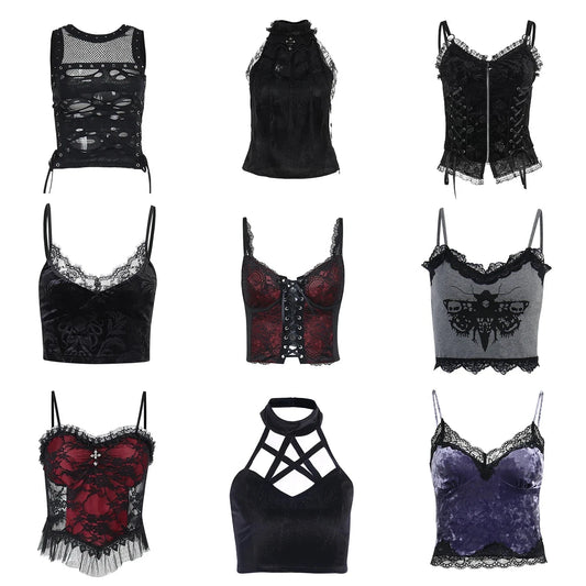 Goth Cross Print Lace Bodycon Crop Tops Y2K