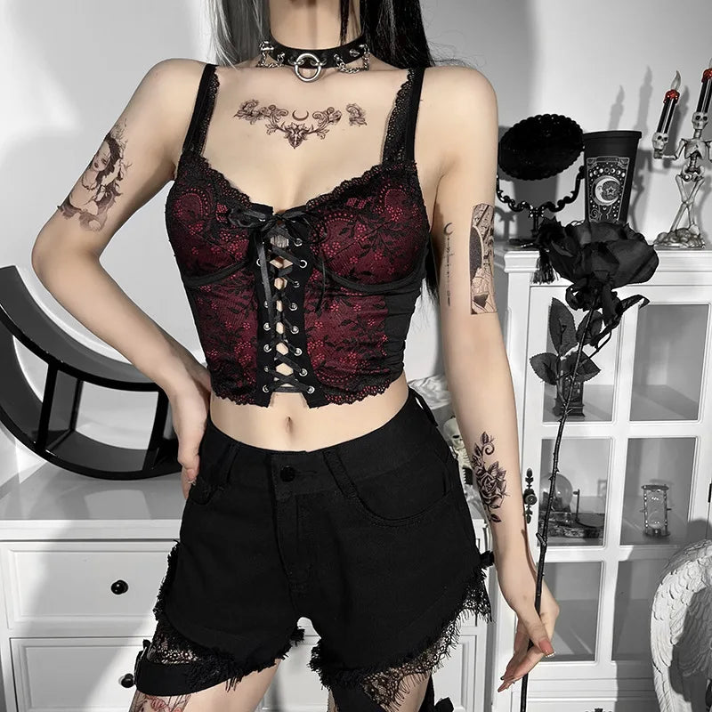 Goth Cross Print Lace Bodycon Crop Tops Y2K