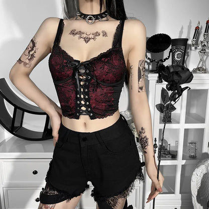 Goth Cross Print Lace Bodycon Crop Tops Y2K