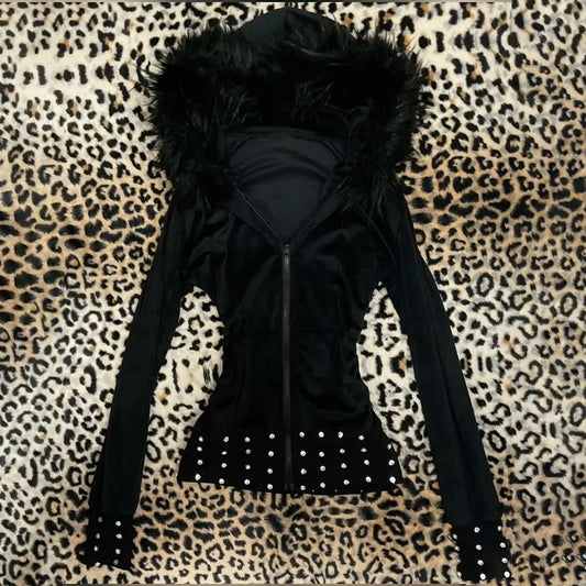 2000's Y2K Fur Collar Zip Hoodie's